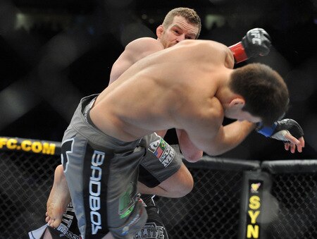 PORTLAND, OR - AUGUST 29:  UFC fighter Nate Marquardt (L) knocks out UFC fighter Demian Maia (R) during their Middleweight bout at UFC 102:  Couture vs. Nogueira at the Rose Garden Arena on August 29, 2009 in Portland, Oregon.  <br /><br /><span class="help">(Photo by Jon Kopaloff/Getty Images)</span>