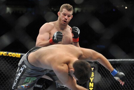 PORTLAND, OR - AUGUST 29:  UFC fighter Nate Marquardt (L) knocks out UFC fighter Demian Maia (R) during their Middleweight bout at UFC 102:  Couture vs. Nogueira at the Rose Garden Arena on August 29, 2009 in Portland, Oregon.  <br /><br /><span class="help">(Photo by Jon Kopaloff/Getty Images)</span>