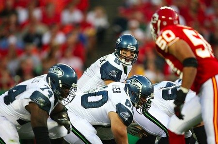 KANSAS CITY, MO - AUGUST 29: Quarterback Matt Hasselbeck #8 of the Seattle Seahawks calls signals out at the line of scrimmage against the Kansas City Chiefs during their preseason game at Arrowhead Stadium on August 29, 2009 in Kansas City, Missouri. <br /><br /><span class="help">(Photo by Dilip Vishwanat/Getty Images)</span>