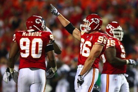 KANSAS CITY, MO - AUGUST 29: Andy Studebaker #96 of the Kansas City Chiefs celebrates after he sacked quarterback Seneca Wallace #15 of the Seattle Seahawks during their preseason game at Arrowhead Stadium on August 29, 2009 in Kansas City, Missouri. <br /><br /><span class="help">(Photo by Dilip Vishwanat/Getty Images)</span>