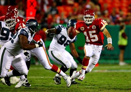 KANSAS CITY, MO - AUGUST 29: Quarterback Matt Gutierrez #15 of the Kansas City Chiefs runs with the ball against the Seattle Seahawks during their preseason game at Arrowhead Stadium on August 29, 2009 in Kansas City, Missouri. <br /><br /><span class="help">(Photo by Dilip Vishwanat/Getty Images)</span>