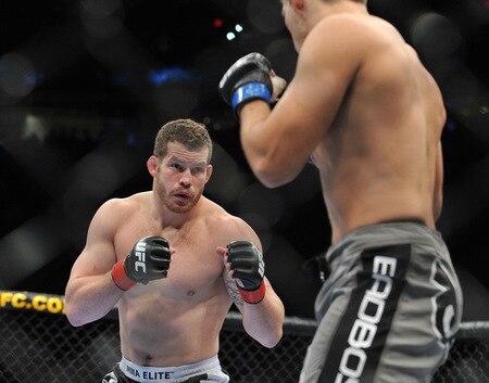 PORTLAND, OR - AUGUST 29:  UFC fighter Nate Marquardt (L) battles UFC fighter Demian Maia (R) during their Middleweight bout at UFC 102:  Couture vs. Nogueira at the Rose Garden Arena on August 29, 2009 in Portland, Oregon.  <br /><br /><span class="help">(Photo by Jon Kopaloff/Getty Images)</span>