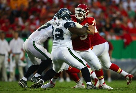 KANSAS CITY, MO - AUGUST 29: Offensive lineman Herb Taylor #75 of the Kansas City Chiefs blocks Brandon Mebane #92 of the Seattle Seahawks during their preseason game at Arrowhead Stadium on August 29, 2009 in Kansas City, Missouri. <br /><br /><span class="help">(Photo by Dilip Vishwanat/Getty Images)</span>