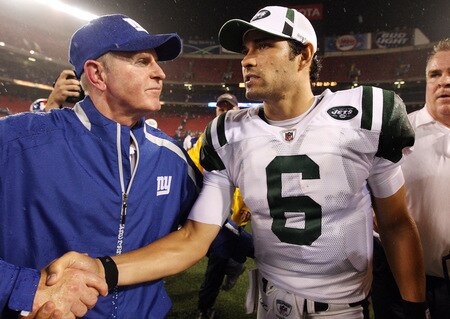 EAST RUTHERFORD, NJ - AUGUST 29:  Head coach Tom Coughlin of the New York Giants shakes hands with Mark Sanchez #6 of the New York Jets after their game on August 29, 2009 at Giants Stadium in East Rutherford, New Jersey.  <br /><br /><span class="help">(Photo by Jim McIsaac/Getty Images)</span>