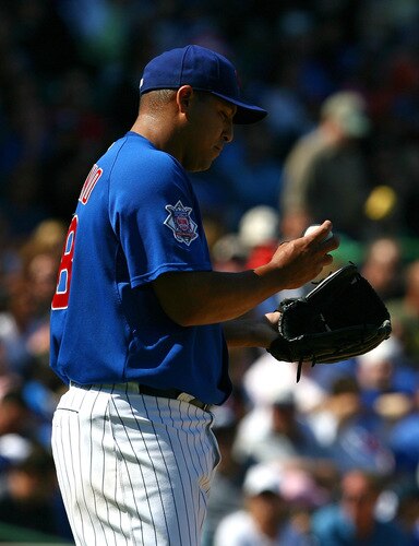 CHICAGO - AUGUST 30: Starting pitcher Carlos Zambrano #38 of the Chicago Cubs reacts after giving up 4 hits to the New York Mets on August 30, 2009 at Wrigley Field in Chicago, Illinois. <br /><br /><span class="help">(Photo by Jonathan Daniel/Getty Images)</span>