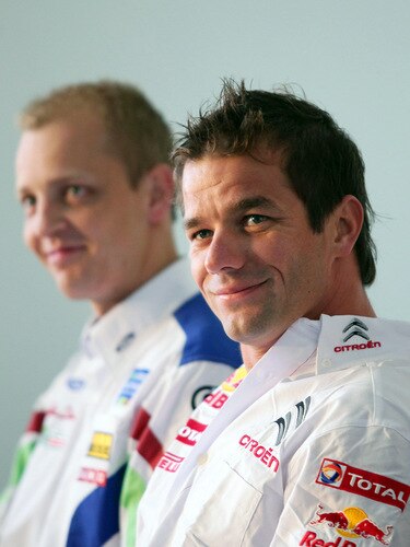 SYDNEY, AUSTRALIA - AUGUST 31:  (L-R) Mikko Hirvonen of Finland and the BP Ford Abu Dhabi World Rally team and Sebastien Loeb of Spain and the Citroen Total World Rally team speak to the media during a Rally Australia press conference at The Rocks on August 31, 2009 in Sydney, Australia.  <br /><br /><span class="help">(Photo by Matt King/Getty Images)</span>