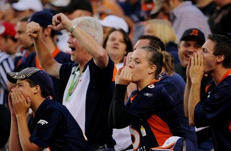 DENVER - AUGUST 30:  Fans of the Denver Broncos boo quarterback Jay Cutler #6 (not shown) of the Chicago Bears during the preseason game at INVESCO Field at Mile High on August 30, 2009 in Denver, Colorado.  <br /><br /><span class="help">(Photo by Doug Pensinger/Getty Images)</span>