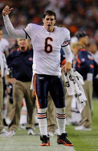 DENVER - AUGUST 30: Quarterback Jay Cutler #6 of the Chicago Bears reacts on the sidelines during the preseason game against the Denver Broncos at INVESCO Field at Mile High on August 30, 2009 in Denver, Colorado. <br /><br /><span class="help">(Photo by Doug Pensinger/Getty Images)</span>