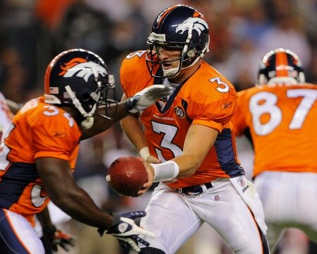 DENVER - AUGUST 30:  Quarterback Tom Brandstater #3 of the Denver Broncos hands the ball off to running back Darius Walker #34 during the third quarter against the Chicago Bears at INVESCO Field at Mile High on August 30, 2009 in Denver, Colorado.  <br /><br /><span class="help">(Photo by Doug Pensinger/Getty Images)</span>