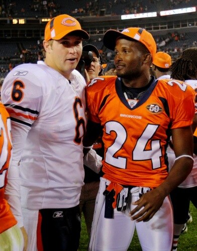 DENVER - AUGUST 30:  Quarterback Jay Cutler #6 of the Chicago Bears greets Champ Bailey #24 of the Denver Broncos after the preseason game at INVESCO Field at Mile High on August 30, 2009 in Denver, Colorado. The Chicago Bears defeated the Denver Broncos 27-17. <br /><br /><span class="help">(Photo by Doug Pensinger/Getty Images)</span>