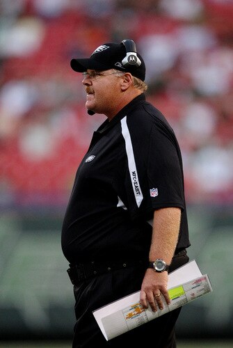 EAST RUTHERFORD, NJ - SEPTEMBER 3:  Head Coach Andy Reid of the Philadelphia Eagles looks on during the NFL preseason game against the New York Jets at Giants Stadium on September 3, 2009 in East Rutherford, New Jersey. <br /><br /><span class="help">(Photo by Jim McIsaac/Getty Images)</span>