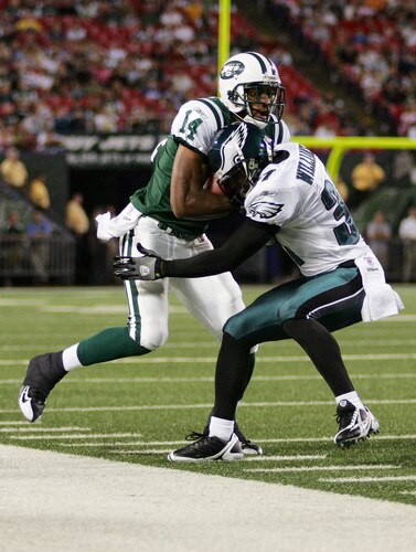 EAST RUTHERFORD, NJ - SEPTEMBER 3: Marcus Henry #14 of the New York Jets gets forced out of bounds by Trae Williams #37 of the Philadelphia Eagles during the game against the on September 3, 2009 at Giants Stadium in East Rutherford, New Jersey. <br /><br /><span class="help">(Photo by Jared Wickerham/Getty Images)</span>