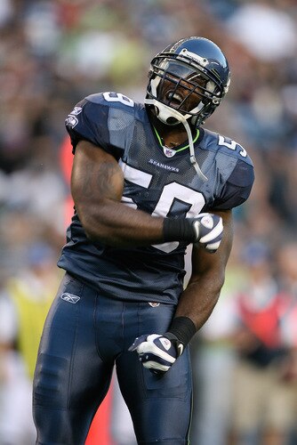 SEATTLE - SEPTEMBER 03:  Linebacker Aaron Curry #59 of the Seattle Seahawks celebrates after sacking the quarterback in the first quarter against the Oakland Raiders on September 3, 2009 at Qwest Field in Seattle, Washington. <br /><br /><span class="help">(Photo by Otto Greule Jr/Getty Images)</span>