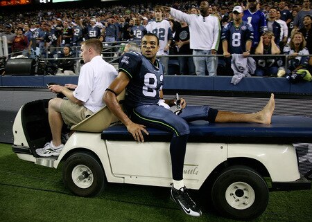 SEATTLE - SEPTEMBER 03:  Wide receiver Jordan Kent #82 of the Seattle Seahawks leaves the field after being injured against the Oakland Raiders on September 3, 2009 at Qwest Field in Seattle, Washington. The Seahawks defeated the Raiders 31-21. <br /><br /><span class="help">(Photo by Otto Greule Jr/Getty Images)</span>