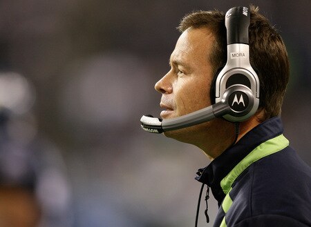 SEATTLE - SEPTEMBER 03:  Head coach Jim Mora of the Seattle Seahawks looks on from the sidelines against the Oakland Raiders on September 3, 2009 at Qwest Field in Seattle, Washington. The Seahawks defeated the Raiders 31-21. <br /><br /><span class="help">(Photo by Otto Greule Jr/Getty Images)</span>