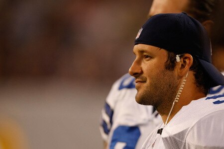 MINNEAPOLIS, MN - SEPTEMBER 4: Quarterback Tony Romo #9 of the Dallas Cowboys watches the action from the sidelines against the Minnesota Vikings at Hubert H. Humphrey Metrodome on September 4, 2009 in Minneapolis, Minnesota. <br /><br /><span class="help">(Photo by Scott Boehm/Getty Images)</span>