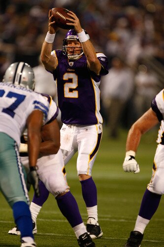 MINNEAPOLIS, MN - SEPTEMBER 4:  Quarterback Sage Rosenfels #2 of the Minnesota Vikings takes a snap against the Dallas Cowboys at Hubert H. Humphrey Metrodome on September 4, 2009 in Minneapolis, Minnesota. The Cowboys defeated the Vikings 35-31. <br /><br /><span class="help">(Photo by Scott Boehm/Getty Images)</span>