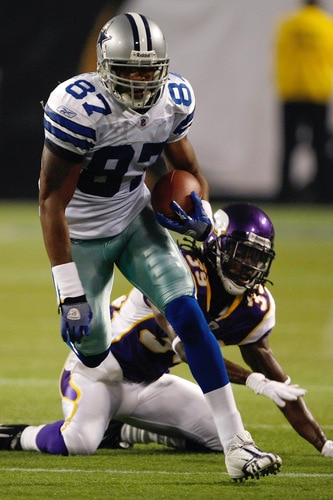 MINNEAPOLIS, MN - SEPTEMBER 4: Wide receiver Manuel Johnson #87 of the Dallas Cowboys runs with the football against the Minnesota Vikings at Hubert H. Humphrey Metrodome on September 4, 2009 in Minneapolis, Minnesota. <br /><br /><span class="help">(Photo by Scott Boehm/Getty Images)</span>