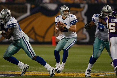 MINNEAPOLIS, MN - SEPTEMBER 4:  Quarterback Jon Kitna #3 of the Dallas Cowboys drops back to pass against the Minnesota Vikings at Hubert H. Humphrey Metrodome on September 4, 2009 in Minneapolis, Minnesota. The Cowboys defeated the Vikings 35-31.  <br /><br /><span class="help">(Photo by Scott Boehm/Getty Images)</span>