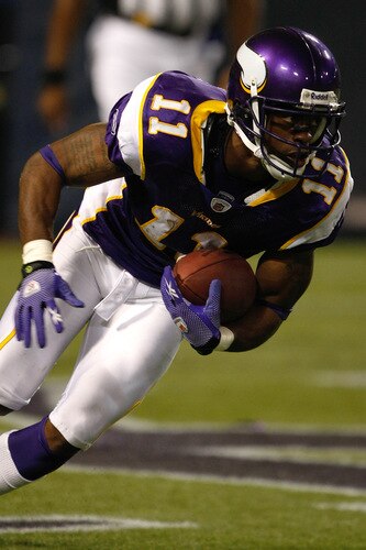 MINNEAPOLIS, MN - SEPTEMBER 4:  Wide receiver Jaymer Johnson #11 of the Minnesota Vikings runs with the football against the Dallas Cowboys at Hubert H. Humphrey Metrodome on September 4, 2009 in Minneapolis, Minnesota. The Cowboys defeated the Vikings 35-31.  <br /><br /><span class="help">(Photo by Scott Boehm/Getty Images)</span>