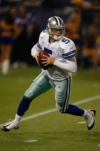 MINNEAPOLIS, MN - SEPTEMBER 4: Quarterback Rudy Carpenter #5 of the Dallas Cowboys looks for a receiver down field against the Minnesota Vikings at Hubert H. Humphrey Metrodome on September 4, 2009 in Minneapolis, Minnesota. The Cowboys defeated the Vikings 35-31. <br /><br /><span class="help">(Photo by Scott Boehm/Getty Images)</span>