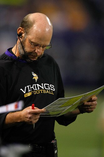 MINNEAPOLIS, MN - SEPTEMBER 4: Head coach Brad Childress of the Minnesota Vikings looks at his play card on the sidelines during action against the Dallas Cowboys at Hubert H. Humphrey Metrodome on September 4, 2009 in Minneapolis, Minnesota. The Cowboys defeated the Vikings 35-31. <br /><br /><span class="help">(Photo by Scott Boehm/Getty Images)</span>