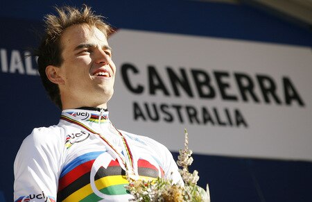 CANBERRA, AUSTRALIA - SEPTEMBER 05:  Nino Schurter of Switzerland reflects after his win in the men's elite cross country race during the 2009 Mountain Bike & World Trials World Championship held at Mt Stromlo on September 5, 2009 in Canberra, Australia.  <br /><br /><span class="help">(Photo by Stefan Postles/Getty Images)</span>