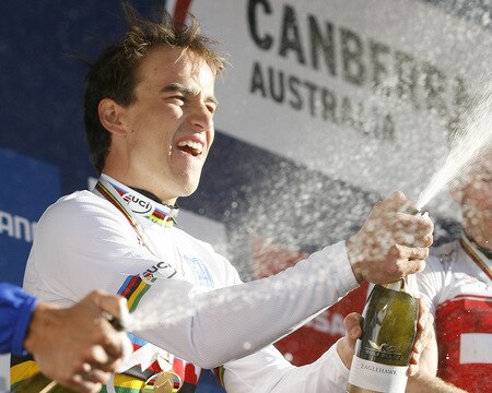 CANBERRA, AUSTRALIA - SEPTEMBER 05:  Nino Schurter of Switzerland celebrates his win in the men's elite cross country race during the 2009 Mountain Bike & World Trials World Championship held at Mt Stromlo on September 5, 2009 in Canberra, Australia.  <br /><br /><span class="help">(Photo by Stefan Postles/Getty Images)</span>