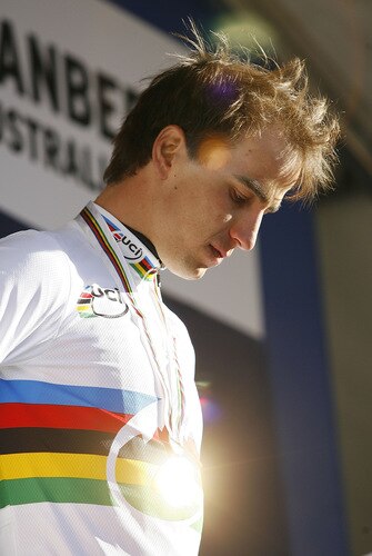 CANBERRA, AUSTRALIA - SEPTEMBER 05:  Nino Schurter of Switzerland, winner of the  men's elite cross country race, stands on the podium at the 2009 Mountain Bike & World Trials World Championship held at Mt Stromlo on September 5, 2009 in Canberra, Australia.  <br /><br /><span class="help">(Photo by Stefan Postles/Getty Images)</span>