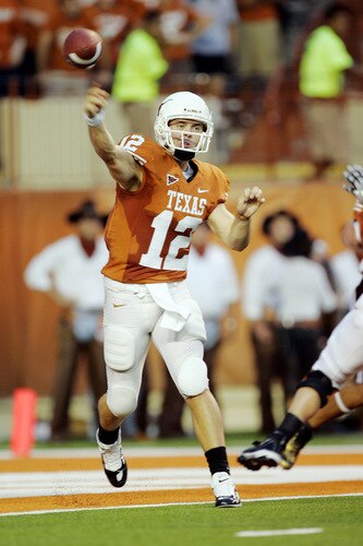 AUSTIN, TX - SEPTEMBER 5:  Colt McCoy #12 of the Texas Longhorns throws from the one-yard line before connecting with Jordan Shipley for a touchdown on the next play against the Louisiana Monroe Warhawks on September 5, 2009 at Darrell K Royal-Texas Memorial Stadium in Austin, Texas.  <br /><br /><span class="help">(Photo by Brian Bahr/Getty Images)</span>