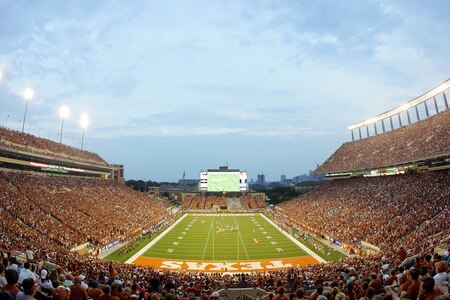 AUSTIN, TX - SEPTEMBER 5:  Fans cheer on the Texas Longhorns against the Louisiana Monroe Warhawks on September 5, 2009 at Darrell K Royal-Texas Memorial Stadium in Austin, Texas.  <br /><br /><span class="help">(Photo by Brian Bahr/Getty Images)</span>