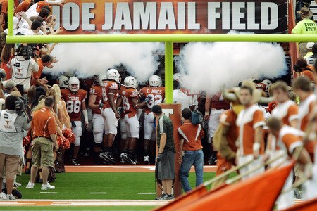 AUSTIN, TX - SEPTEMBER 05:  The Texas Longhorns prepare to take the field for their first game of the season against the Louisiana Monroe Warhawks, on September 5, 2009 at Darrell K Royal-Texas Memorial Stadium in Austin, Texas.  <br /><br /><span class="help">(Photo by Brian Bahr/Getty Images)</span>