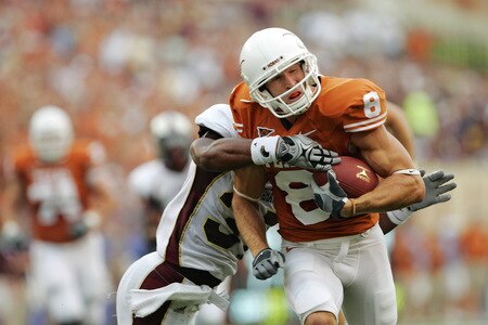 AUSTIN, TX - SEPTEMBER 5:  Jordan Shipley #8 of the Texas Longhorns picks up a big first down on a reception against defensive back Darius Prelow #37 of the Louisiana Monroe Warhawks on September 5, 2009 at Darrell K Royal-Texas Memorial Stadium in Austin, Texas.  <br /><br /><span class="help">(Photo by Brian Bahr/Getty Images)</span>