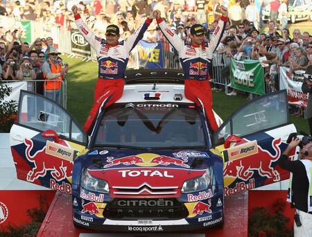 KINGSCLIFF, AUSTRALIA - SEPTEMBER 06:  Sebastien Loeb of France and Daniel Elena of Monaco celebrate winning the Repco Rally of Australia on September 6, 2009 in Kingscliff, Australia.  <br /><br /><span class="help">(Photo by Quinn Rooney/Getty Images)</span>