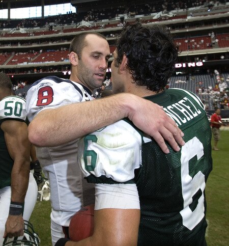 HOUSTON - SEPTEMBER 13:  Quarterback Matt Schaub #8 of the Houston Texans congratulates quarterback Mark Sanchez #6 of the New York Jets as the Jets defeated the Texans 24-7 at Reliant Stadium on September 13, 2009 in Houston, Texas.  <br /><br /><span class="help">(Photo by Bob Levey/Getty Images)</span>