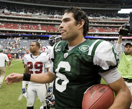 HOUSTON - SEPTEMBER 13:  Quarterback Mark Sanchez #6 of the New York Jets leaves the field with the game ball after defeating the Houston Texans 24-7 at Reliant Stadium on September 13, 2009 in Houston, Texas.  <br /><br /><span class="help">(Photo by Bob Levey/Getty Images)</span>
