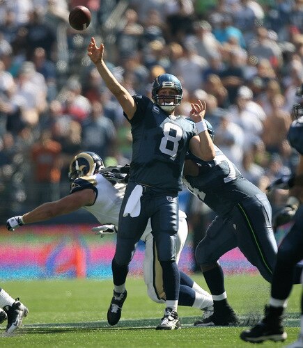 SEATTLE - SEPTEMBER 13:  Quarterback Matt Hasselbeck #8 of the Seattle Seahawks passes against the St. Louis Rams on September 13, 2009 at Qwest Field in Seattle, Washington. <br /><br /><span class="help">(Photo by Otto Greule Jr/Getty Images)</span>