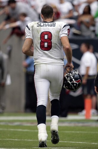 HOUSTON - SEPTEMBER 13:  Quarterback Matt Schaub #8 of the Houston Texans leaves the field after losing to the New York Jets 24-7 at Reliant Stadium on September 13, 2009 in Houston, Texas.  <br /><br /><span class="help">(Photo by Bob Levey/Getty Images)</span>