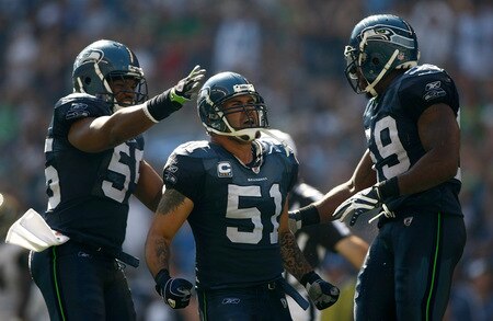 SEATTLE , WA - SEPTEMBER 13:  Lofa Tatupu #51 of the Seattle Seahawks celebrates sacking Marc Bugler #10 of the St. Louis Rams at Qwest Field on September 13, 2009 in Seattle, Washington.  <br /><br /><span class="help">(Photo by Jonathan Ferrey/Getty Images)</span>