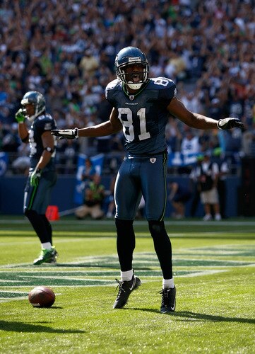 SEATTLE , WA - SEPTEMBER 13:  Nate Burleson #81 of the Seattle Seahawks celebrates a touchdownl against the St. Louis Rams at Qwest Field on September 13, 2009 in Seattle, Washington.  <br /><br /><span class="help">(Photo by Jonathan Ferrey/Getty Images)</span>
