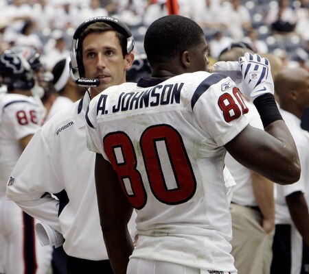 HOUSTON - SEPTEMBER 13:  Offensive coordinator Kyle Shanahan (L) talks with wide receiver Andre Johnson during the game against the New York Jets at Reliant Stadium on September 13, 2009 in Houston, Texas.  <br /><br /><span class="help">(Photo by Bob Levey/Getty Images)</span>