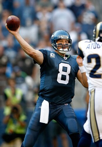 SEATTLE , WA - SEPTEMBER 13:  Quarterback Matt Hasselbeck #8 of the Seattle Seahawks thrpws the ball against the St. Louis Rams at Qwest Field on September 13, 2009 in Seattle, Washington.  <br /><br /><span class="help">(Photo by Jonathan Ferrey/Getty Images)</span>