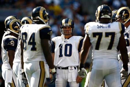 SEATTLE , WA - SEPTEMBER 13:  Marc Bugler #10 of the St. Louis Rams stands in the huddle against the Seattle Seahawks at Qwest Field on September 13, 2009 in Seattle, Washington.  <br /><br /><span class="help">(Photo by Jonathan Ferrey/Getty Images)</span>