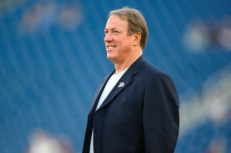 FOXBORO, MA - SEPTEMBER 14:  Hall of fame quarterback for the Buffalo Bills, Jim Kelly stands on the field before the game between the New England Patriots and the Buffalo Bills on September 14, 2009 at Gillette Stadium in Foxboro, Massachusetts. <br /><br /><span class="help">(Photo by Jim Rogash/Getty Images)</span>