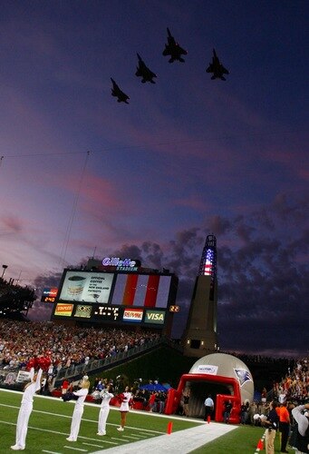 FOXBORO, MA - SEPTEMBER 14:  Jets perform a fly-by before the start of the game between New England Patriots and the Buffalo Bills on September 14, 2009 at Gillette Stadium in Foxboro, Massachusetts. <br /><br /><span class="help">(Photo by Jim Rogash/Getty Images)</span>