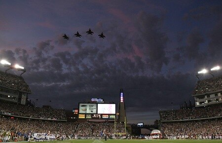FOXBORO, MA - SEPTEMBER 14:  Military plans fly over Gillette Stadium before the game between the New England Patriots and the Buffalo Bills on September 14, 2009 in Foxboro, Massachusetts. <br /><br /><span class="help">(Photo by Elsa/Getty Images)</span>