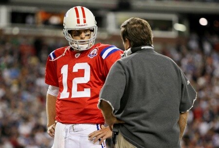 FOXBORO, MA - SEPTEMBER 14:  Quarterback Tom Brady #12 of the New England Patriots speaks to head coach  Bill Belichick during the second quarter against the Buffalo Bills on September 14, 2009 at Gillette Stadium in Foxboro, Massachusetts. <br /><br /><span class="help">(Photo by Jim Rogash/Getty Images)</span>