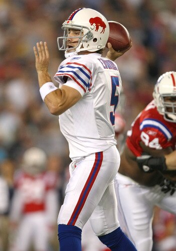 FOXBORO, MA - SEPTEMBER 14:  Quarterback Trent Edwards #5 of the Buffalo Bills throws a pass during the first half against the New England Patriots on September 14, 2009 at Gillette Stadium in Foxboro, Massachusetts. <br /><br /><span class="help">(Photo by Elsa/Getty Images)</span>