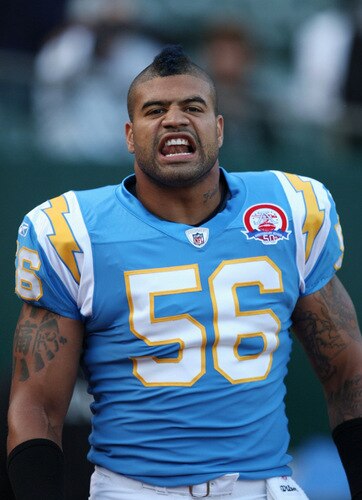 OAKLAND, CA - SEPTEMBER 14:  Shawne Merriman #56 of the San Diego Chargers looks on during warm-ups against the Oakland Raiders on September 14, 2009 at the Oakland-Alameda County Coliseum in Oakland, California.  <br /><br /><span class="help">(Photo by (Ezra Shaw/Getty Images)</span>