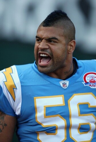 OAKLAND, CA - SEPTEMBER 14:  Shawne Merriman #56 of the San Diego Chargers looks on during warm-ups against the Oakland Raiders on September 14, 2009 at the Oakland-Alameda County Coliseum in Oakland, California.  <br /><br /><span class="help">(Photo by Ezra Shaw/Getty Images)</span>
